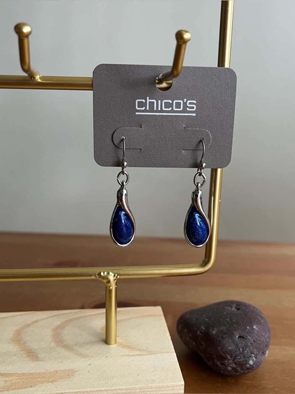 Chico's   silver-toned, teardrop-shaped dangle  with blue-colored inlay